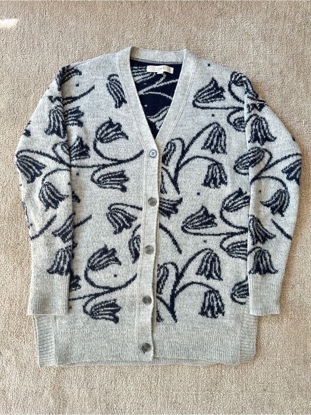 LOFT Gray and Navy Floral Button-Up Cardigan